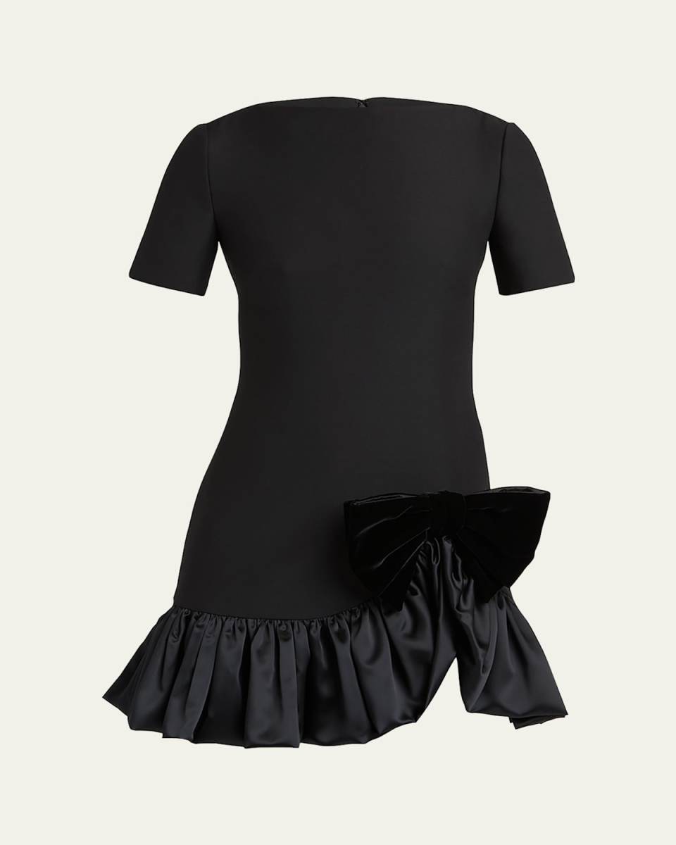 Velvet Bow Ruffle Short-Sleeve Mini Dress